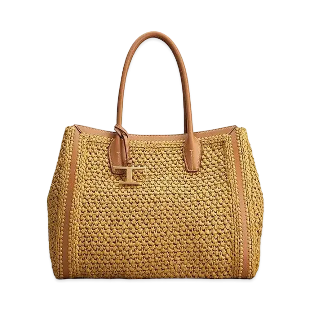 TOD'S Shopping Bag In Raffia and Leather Medium "Beige/Brown"