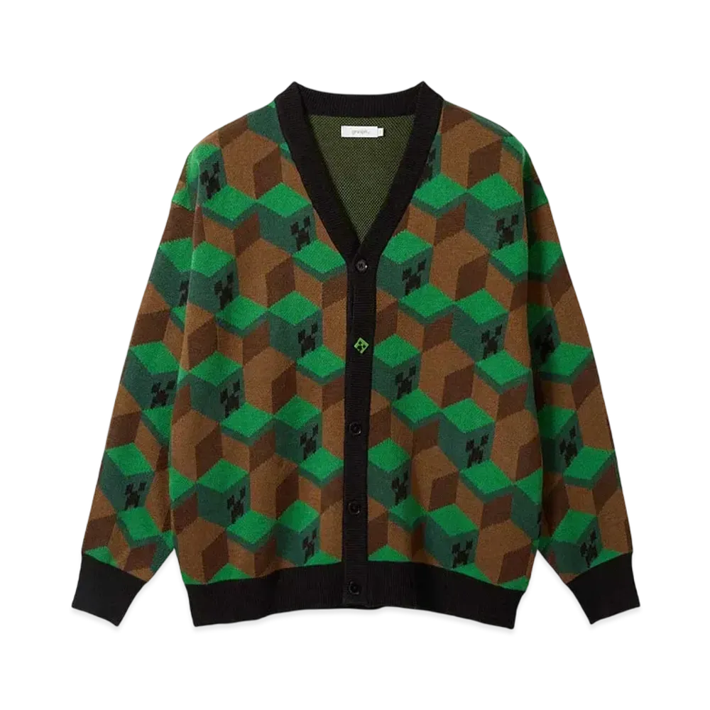 graniph x Minecraft Creeper Pattern Washable Jacquard Knit Cardigan "Multi"