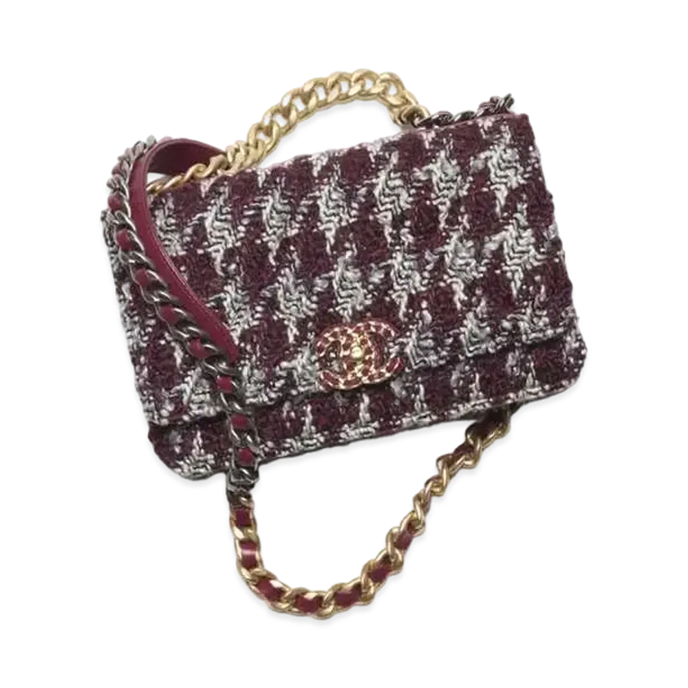 CHANEL 19 Wallet On Chain Wool Tweed Gold Tone Silver Tone & Ruthenium Finish Metal "Burgundy/Gray/Black"
