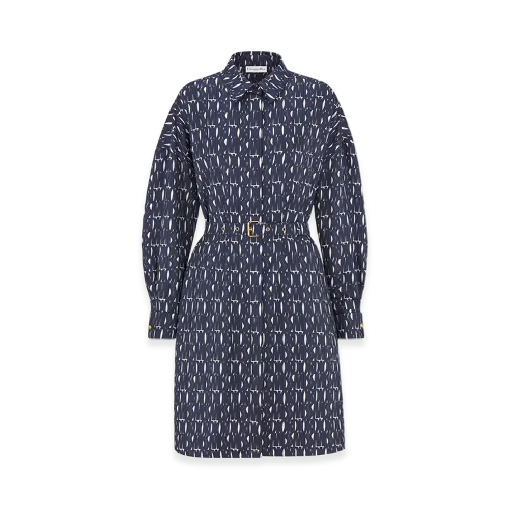 Dior Women's Silk Twill with Miss Dior Allover Motif Belted Shirt Dress "White/Navy Blue"