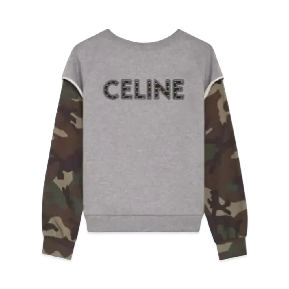CELINE Loose Sweatshirt / Studded Cotton "Gray/Khaki"