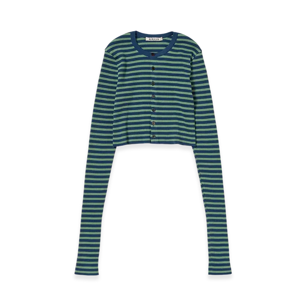 AURALEE Women's Cotton High Gauge Rib Knit Cropped Crew Neck Cardigan "Pale Green/Navy Stripe"