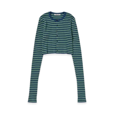 AURALEE Women's Cotton High Gauge Rib Knit Cropped Crew Neck Cardigan "Pale Green/Navy Stripe"