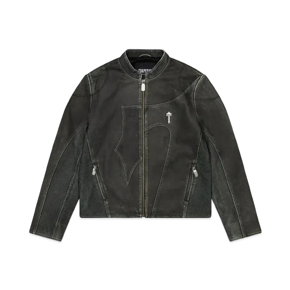 TRAPSTAR Irongate T Panel Leather Biker Jacket "2 Tone Black & Green"