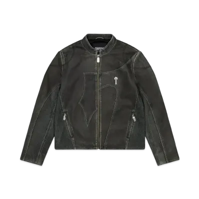 TRAPSTAR Irongate T Panel Leather Biker Jacket "2 Tone Black & Green"