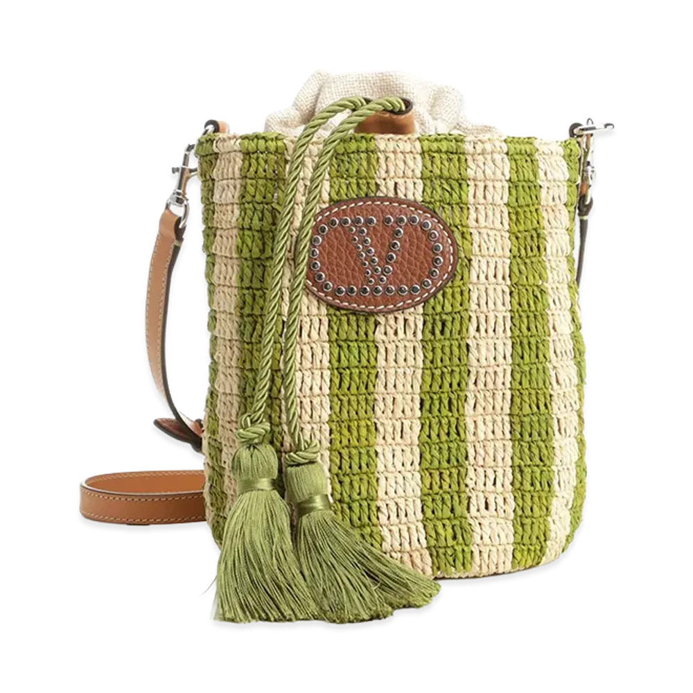 Valentino Women's Small Bucket Bag Vlogo Signature Crochet Rafia /Lino/Vac.Liscia/To "Striped/Green"