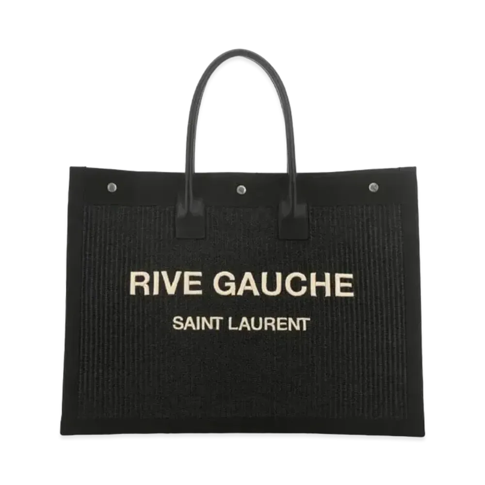 Saint Laurent Rive Gauche Large Tote Bag In Embroidered Raffia and Leather "Noir"