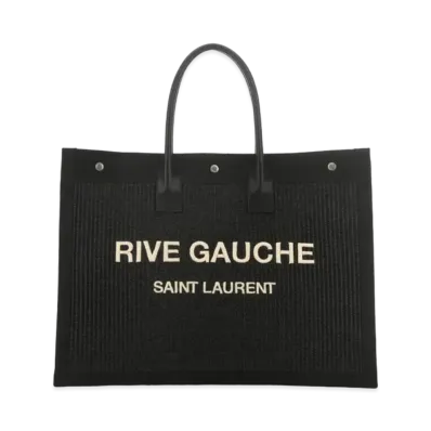 Saint Laurent Rive Gauche Large Tote Bag In Embroidered Raffia and Leather "Noir"
