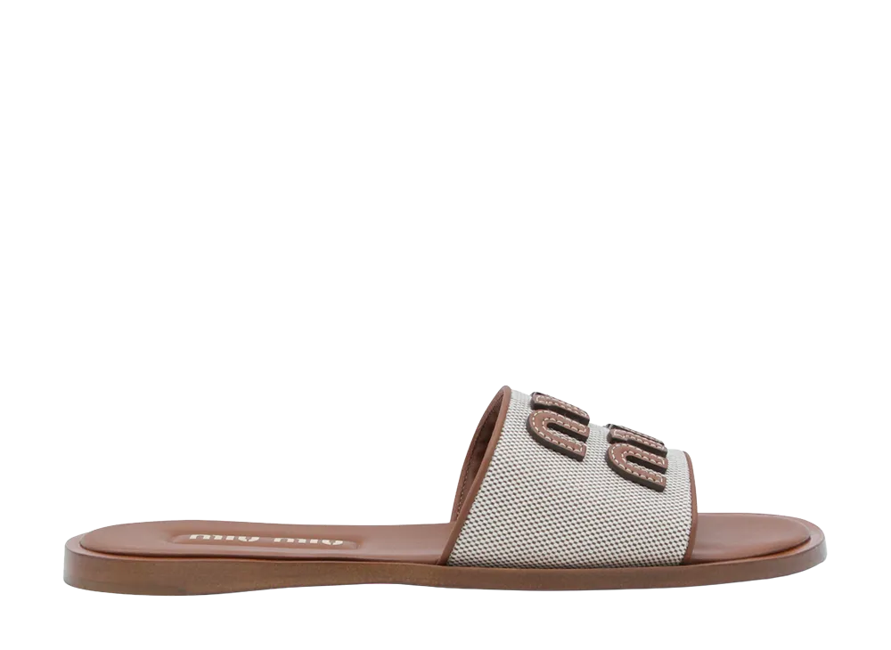 MIU MIU Women's Leather And Canvas Slide With Logo "Brown"