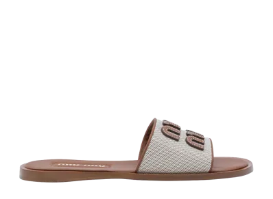 MIU MIU Women's Leather And Canvas Slide With Logo "Brown"