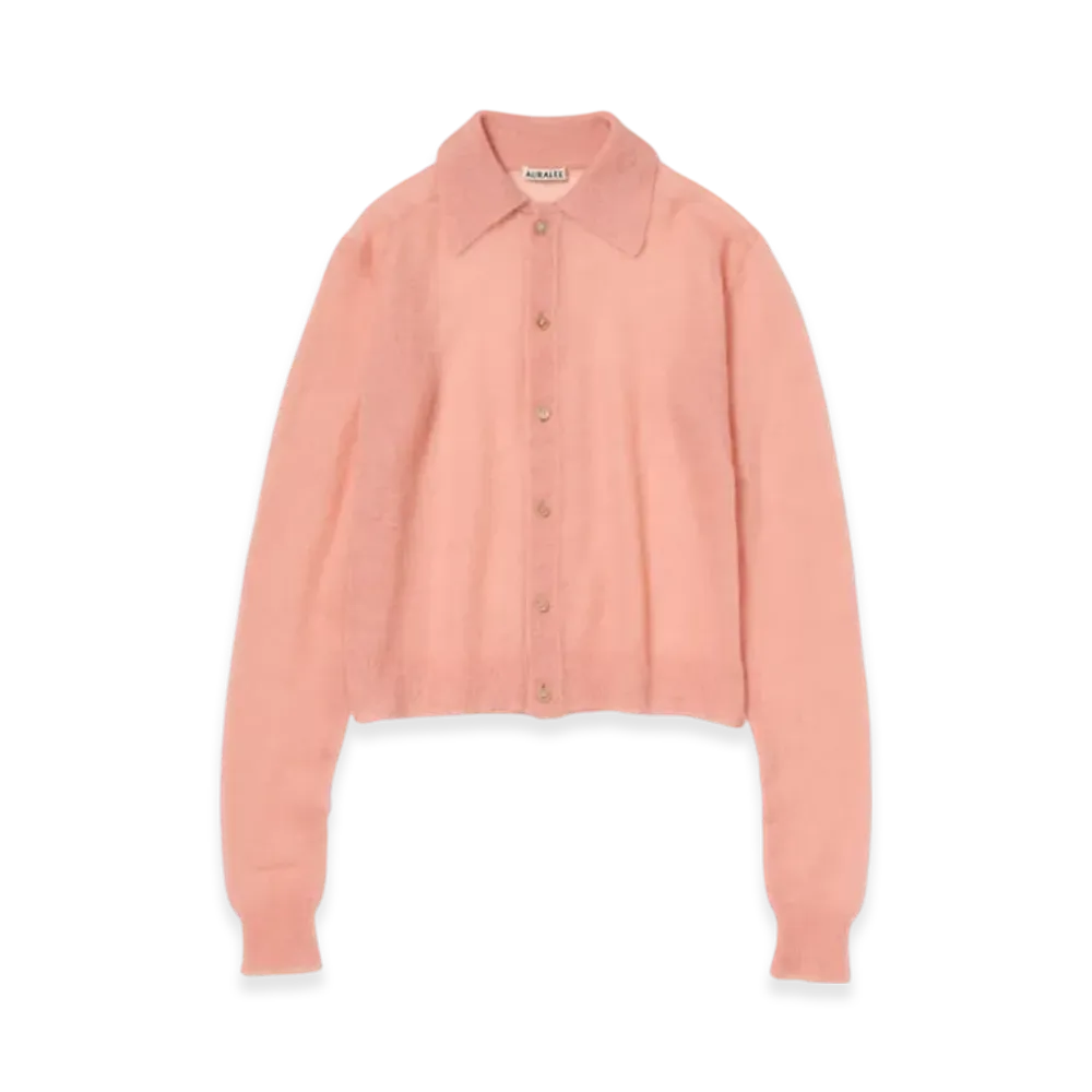 AURALEE Kid Mohair Sheer Knit Shirt Cardigan "Salmon Pink"