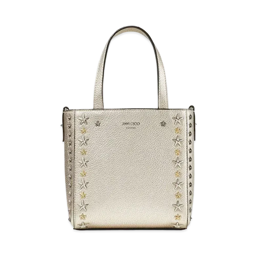 Jimmy Choo Mini P"egasi Metaric Soft Grainy Calf Leather Mini Tote Bag With Stars Studs "Light Gold"