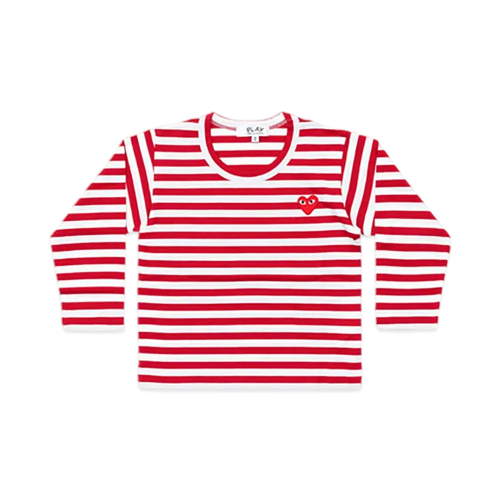 PLAY COMME des GARCONS Kids Border Printed Long Sleeve T-Shirt With Red Emblem "Red/White"