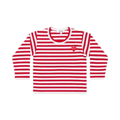 PLAY COMME des GARCONS Kids Border Printed Long Sleeve T-Shirt With Red Emblem "Red/White"