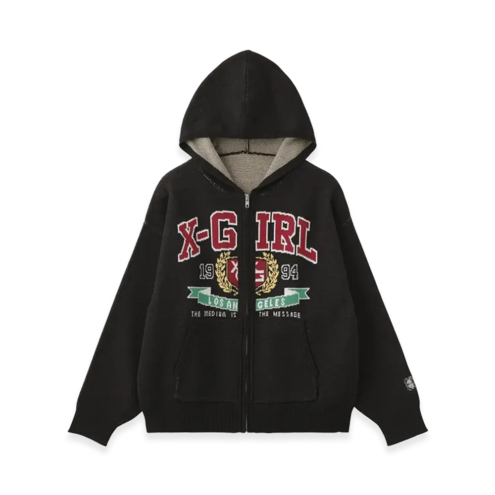 X-Girl Women's College Logo Jacquard Zip Up Knit Hoodie "Black"