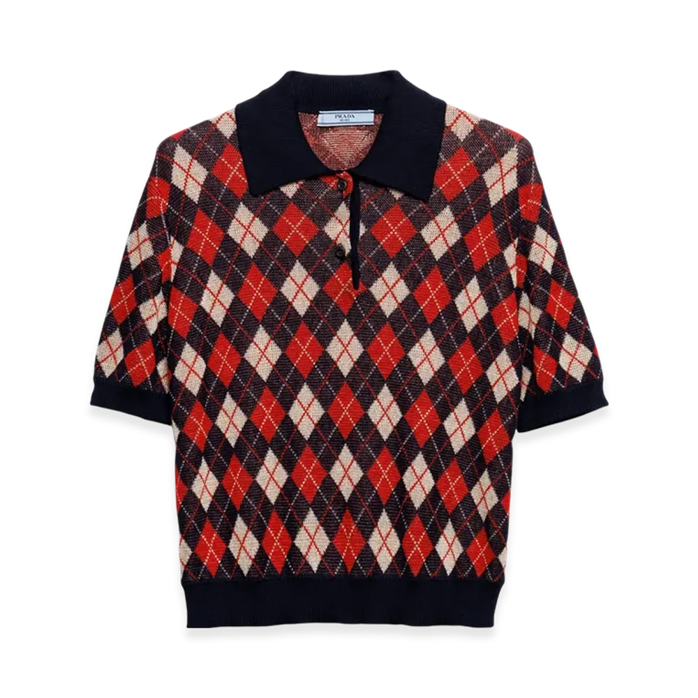 PRADA Women's Argyle Knit Cotton Polo Shirt "Navy"