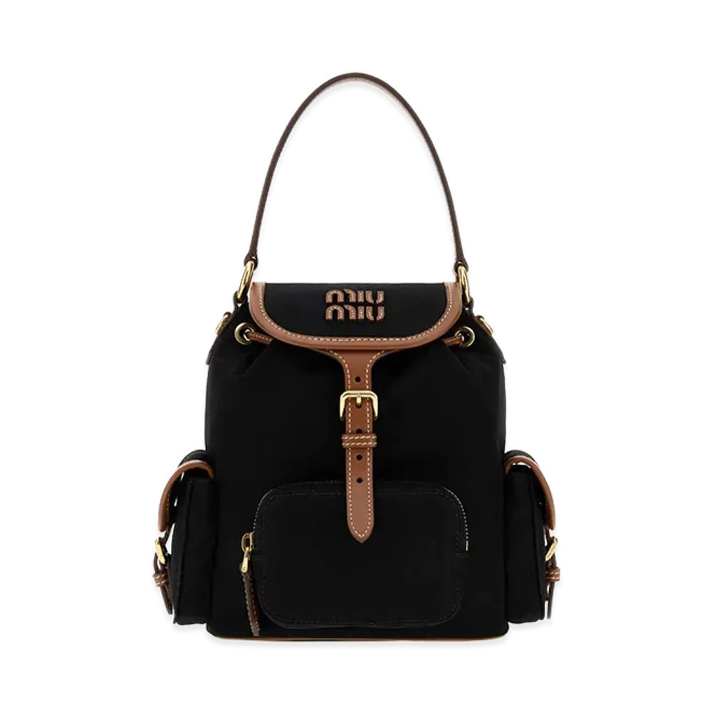 MIU MIU Women's Canvas And Leather Medium Backpack "Nero+Brandy"