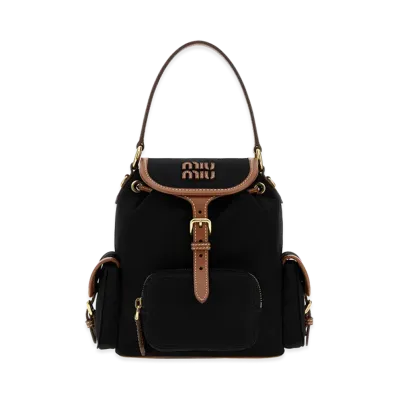 MIU MIU Women's Canvas And Leather Medium Backpack "Nero+Brandy"