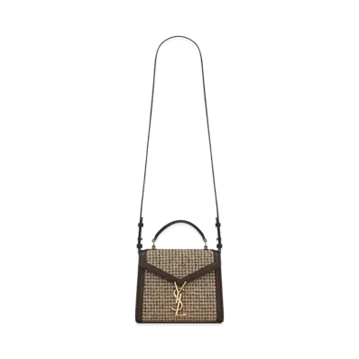 Saint Laurent Cassandra Mini Top Handle Bag In Tweed Pied De Poule "Beige"