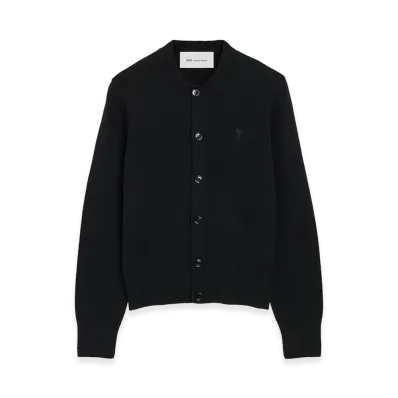 AMI PARIS Women's Quota Crewneck Cardigan with Ami De Coeur "Black"