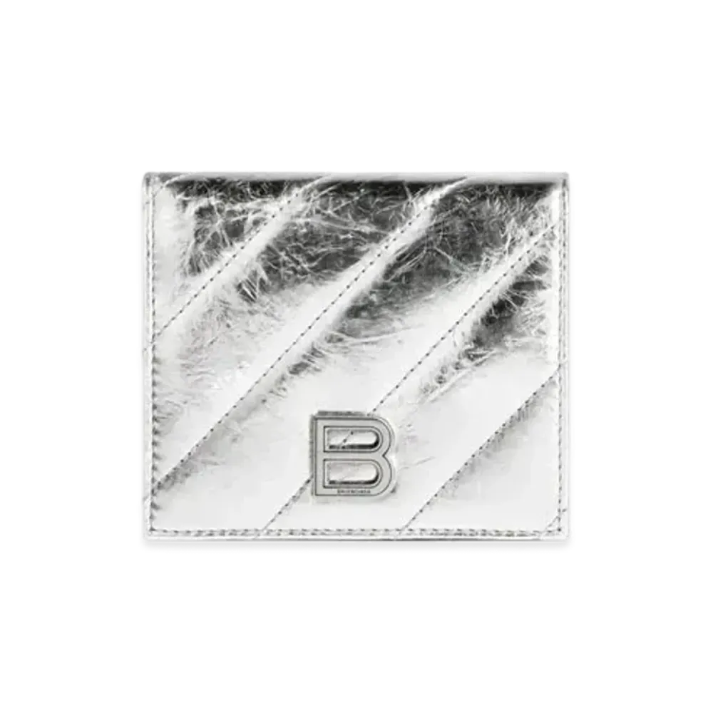 BALENCIAGA Crush Flap Coin and Card Holder Metallized Quilted "Silver"