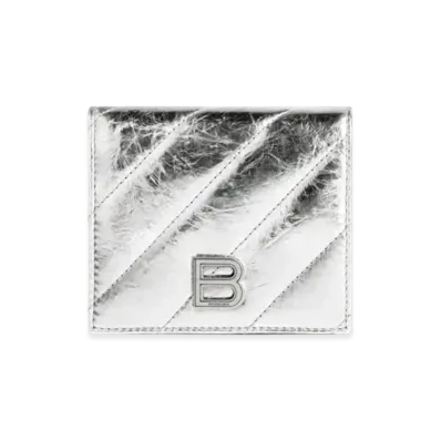BALENCIAGA Crush Flap Coin and Card Holder Metallized Quilted "Silver"