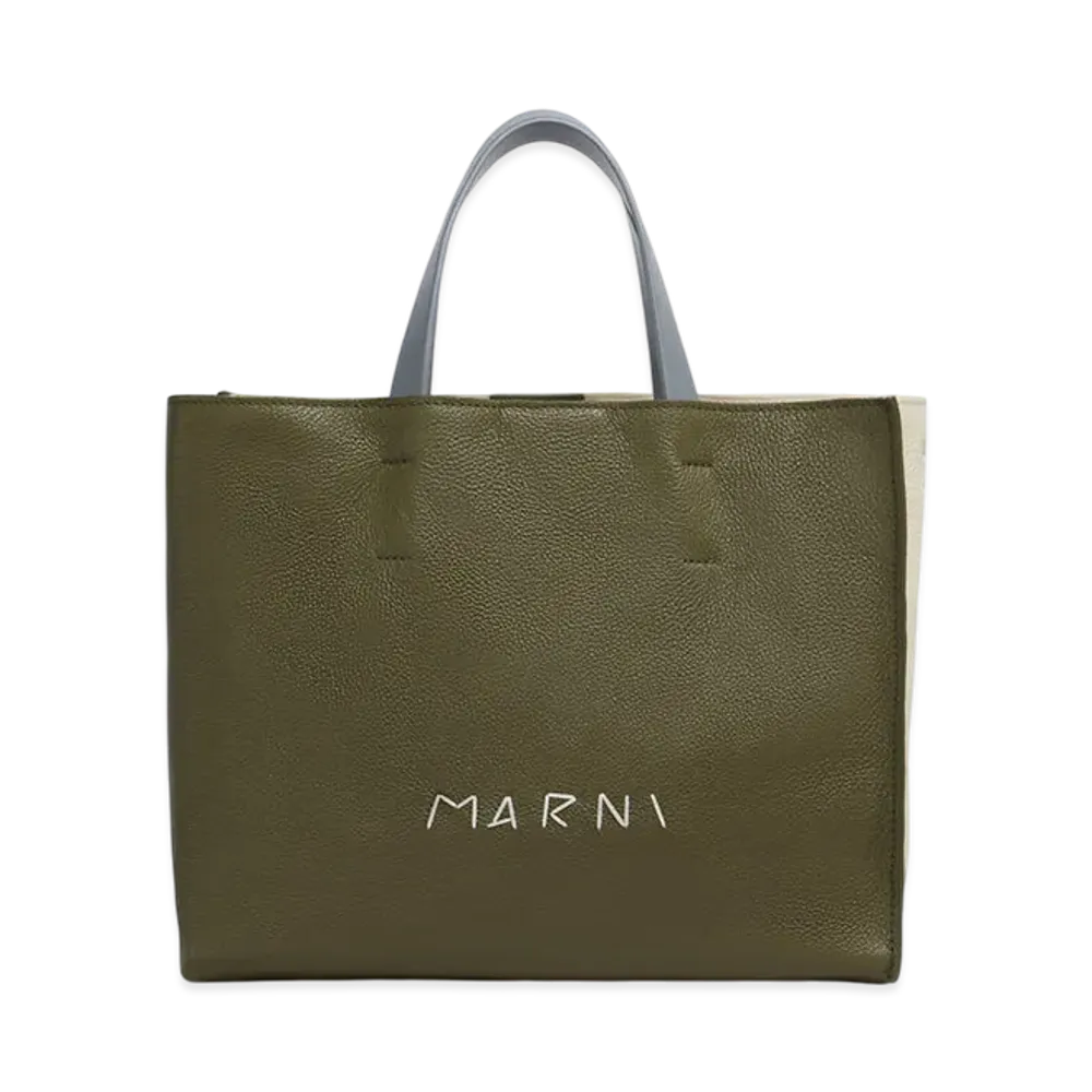 MARNI Museo Soft Tote Bag in Leather with Marni Mending "Deep Sage/Shell/Storm Blue"