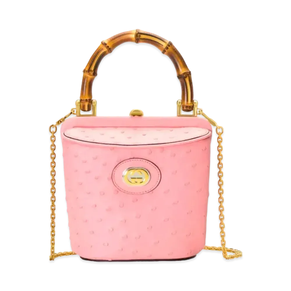 GUCCI Ostrich Mini Bucket Bag With Bamboo "Pastel Pink"