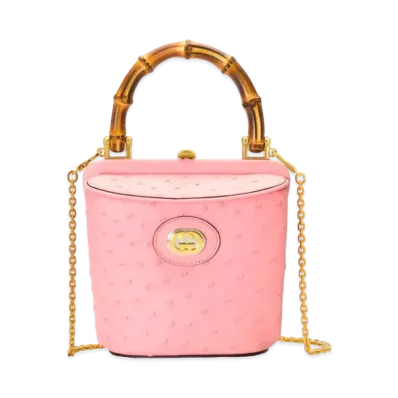 GUCCI Ostrich Mini Bucket Bag With Bamboo "Pastel Pink"