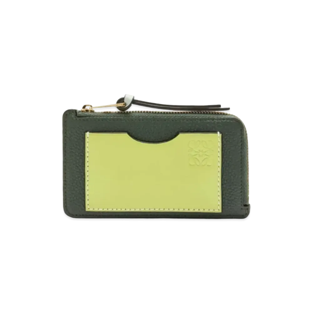 LOEWE Coin Cardholder In Soft Grained Calfskin "Vintage Khaki/Lime Yellow"