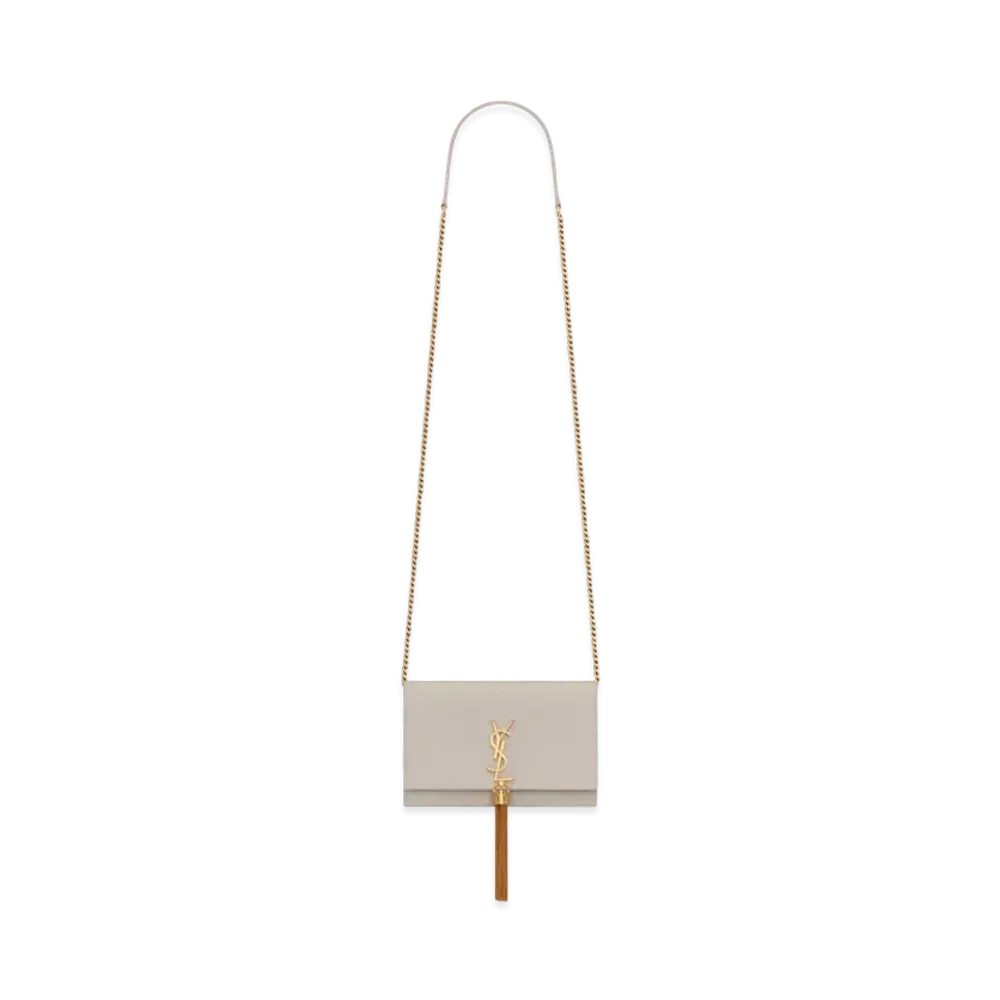 Saint Laurent Kate Chain Wallet With Tassel In Grain De Poudre Embossed Leather "Vintage White"
