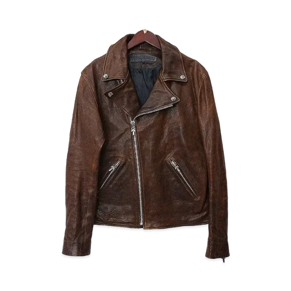 Chrome Hearts Used Processing Cross Ball Button Double Leather Riders Jacket "Brown"