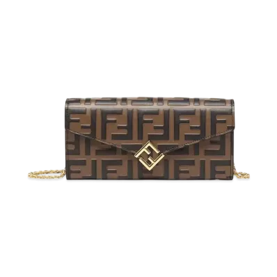 FENDI FF Diamonds Continental with Chain FF Leather Wallet "Brown"