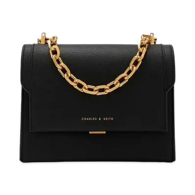 CHARLES & KEITH Front Flap Chain Handle Crossbody Bag "Black"