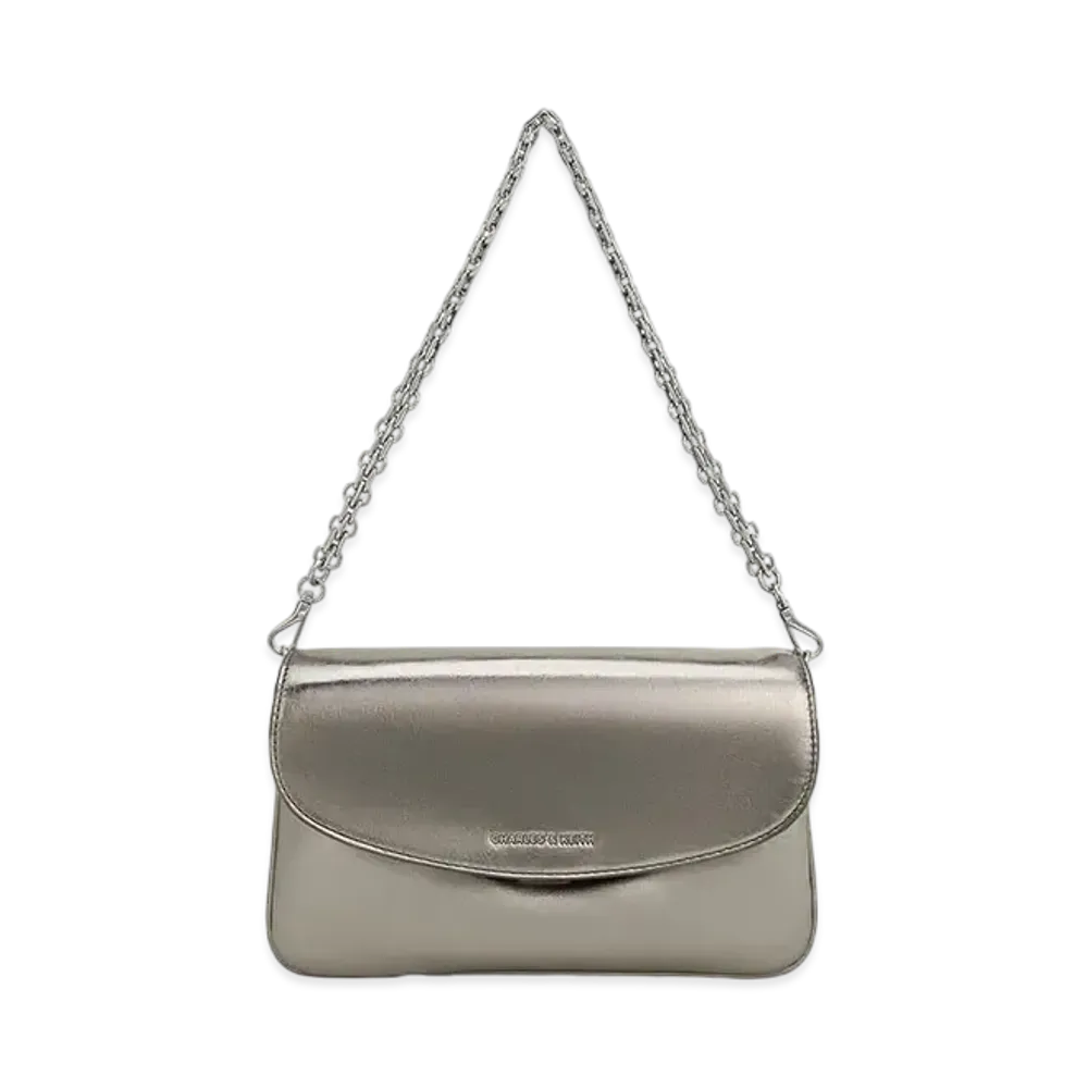 CHARLES & KEITH Kaia Metallic Front Flap Shoulder Bag "Pewter"
