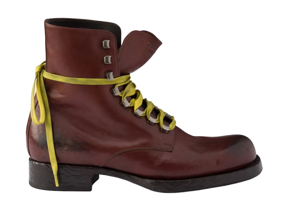 PRADA Leather Lace-Up Booties "Cocoa Brown"