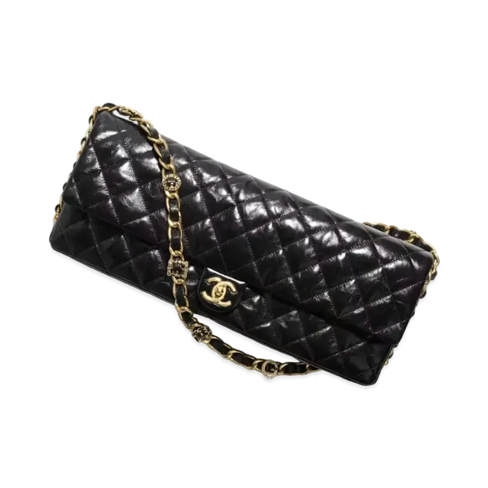 CHANEL Maxi Clutch Shiny Lambskin & Gold-Tone Metal "Black"