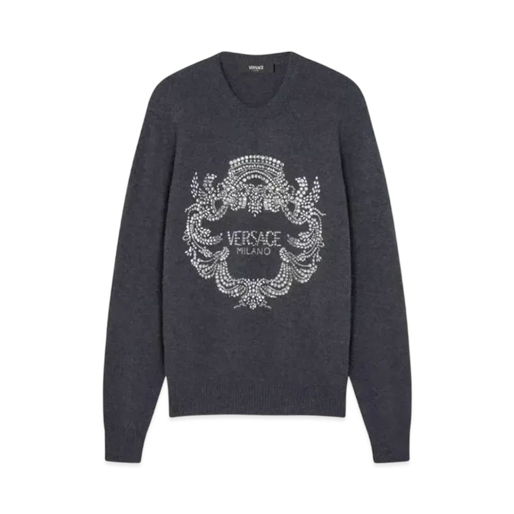 Versace Crystal Iconic Crest Cashmere Knit Sweater "Gray"