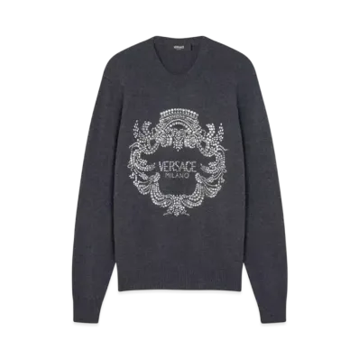 Versace Crystal Iconic Crest Cashmere Knit Sweater "Gray"