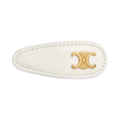 CELINE Snap Hair Clip in Calfskin, Brass and Steel "Ecru/Gold"