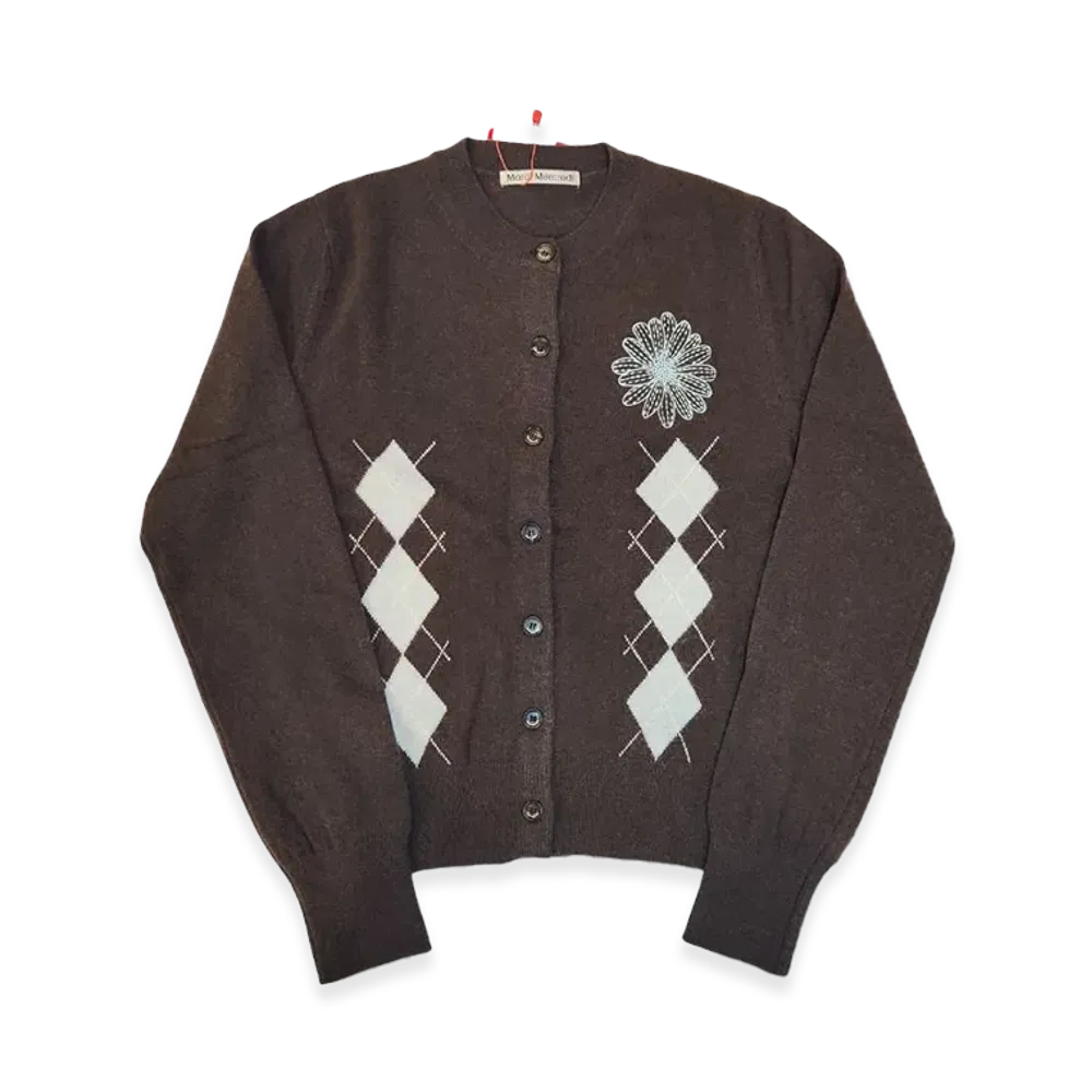Mardi Mercredi Cashmere Blended Cardigan Round Neck Argyle "Brown Mint"