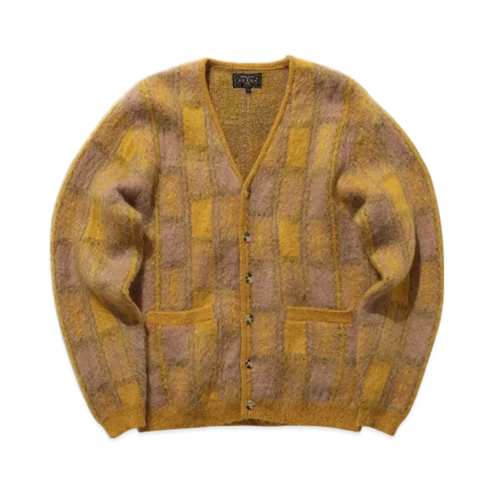 BEAMS Cardigan Double Jacquard Check Pattern "Yellow"