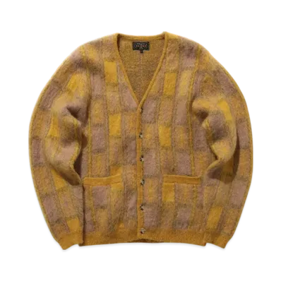 BEAMS Cardigan Double Jacquard Check Pattern "Yellow"