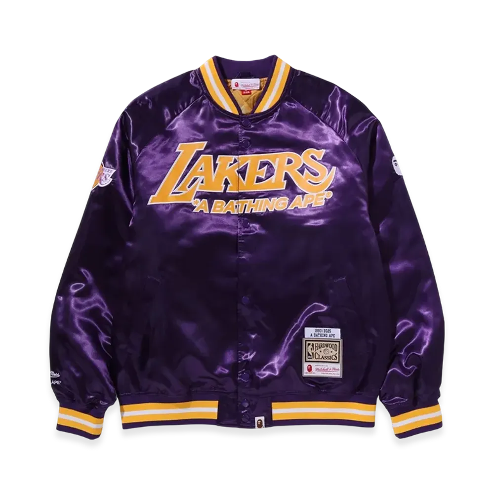 A BATHING APE x Mitchell & Ness x NBA Los Angeles Lakers Satin Jacket "Purple"