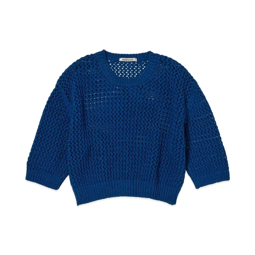 AURALEE Cotton Lily-Yarn Mesh Knit Tee "Blue"