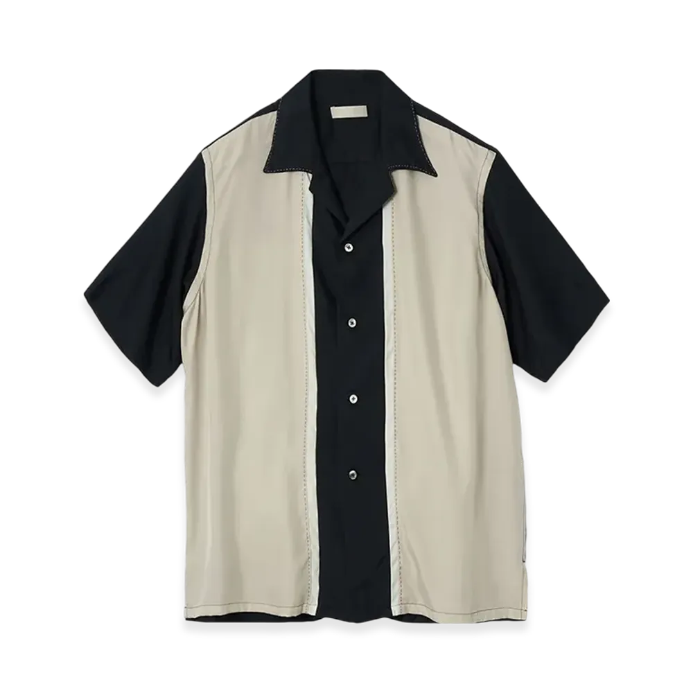YOKE Cupro Polyester Washable Chambray Tiwll Colorblock Open Collar Shirt "Light Yellow"