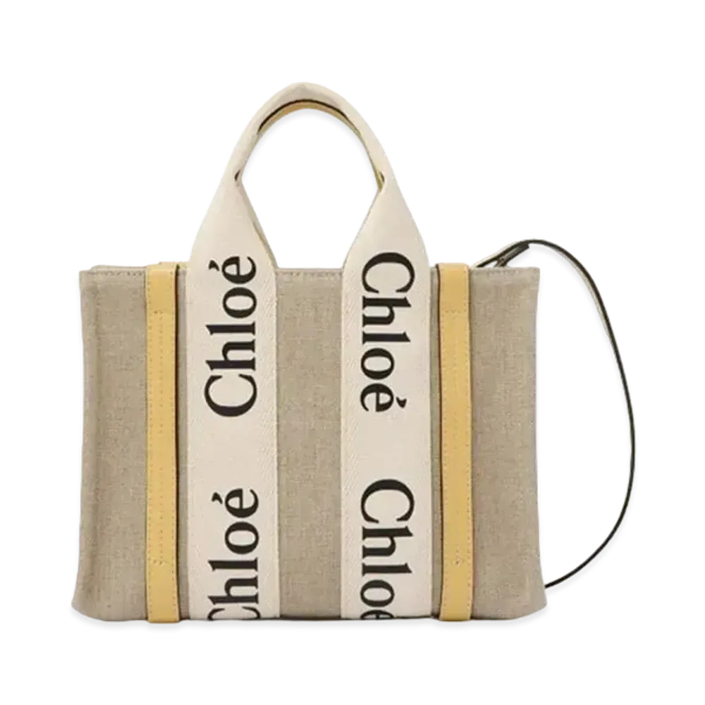 Chloe Small Woody Tote Bag Linen Canvas&Shiny Calfskin With Chloe Logo "Honey Gold"