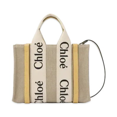 Chloe Small Woody Tote Bag Linen Canvas&Shiny Calfskin With Chloe Logo "Honey Gold"