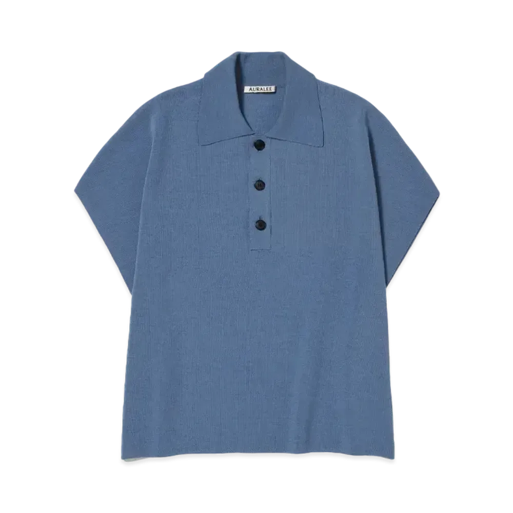 AURALEE Wool Recycle Polyester High Gauge Knit Sleeveless Polo "Blue Grey"