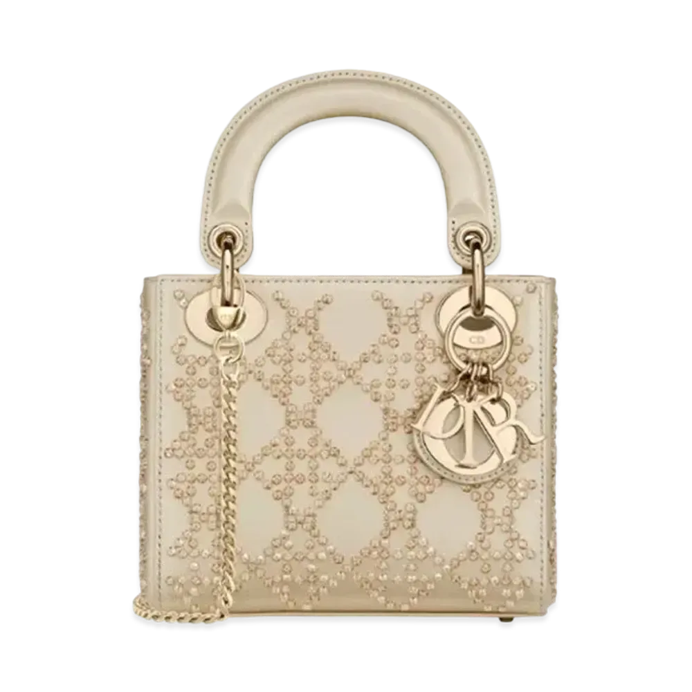 Dior Mini Lady Bag Platinum Metallic Cannage Lambskin Beaded Embroidery "Pale Gold"